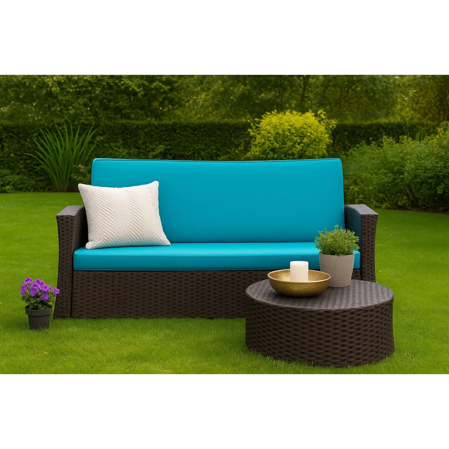 Blaues Gartenkissen-Set für 2-Sitzer Polyrattan-Sofa, bestehend aus Sitz- und Rückenkissen.