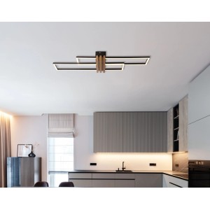 Moderne Globo LED-Deckenleuchte Dakari I, schwarz matt mit Holzdekor, 80 cm.