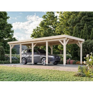 Dunkelgrauer Palmako Carport Karl aus Holz mit Auto. Flachdach-Carport für 1 PKW.