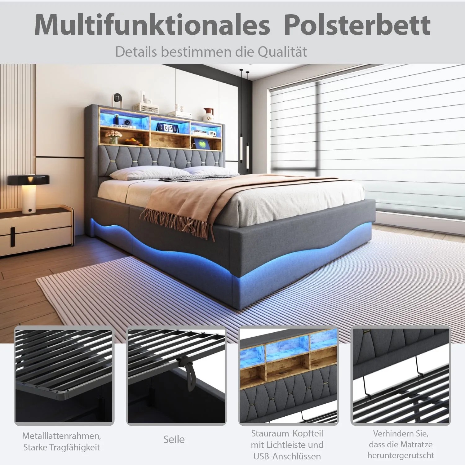 okwish Kinderbett 180x200cm mit LED Stauraum Kinderzimmer Grau ohne Matratze_6