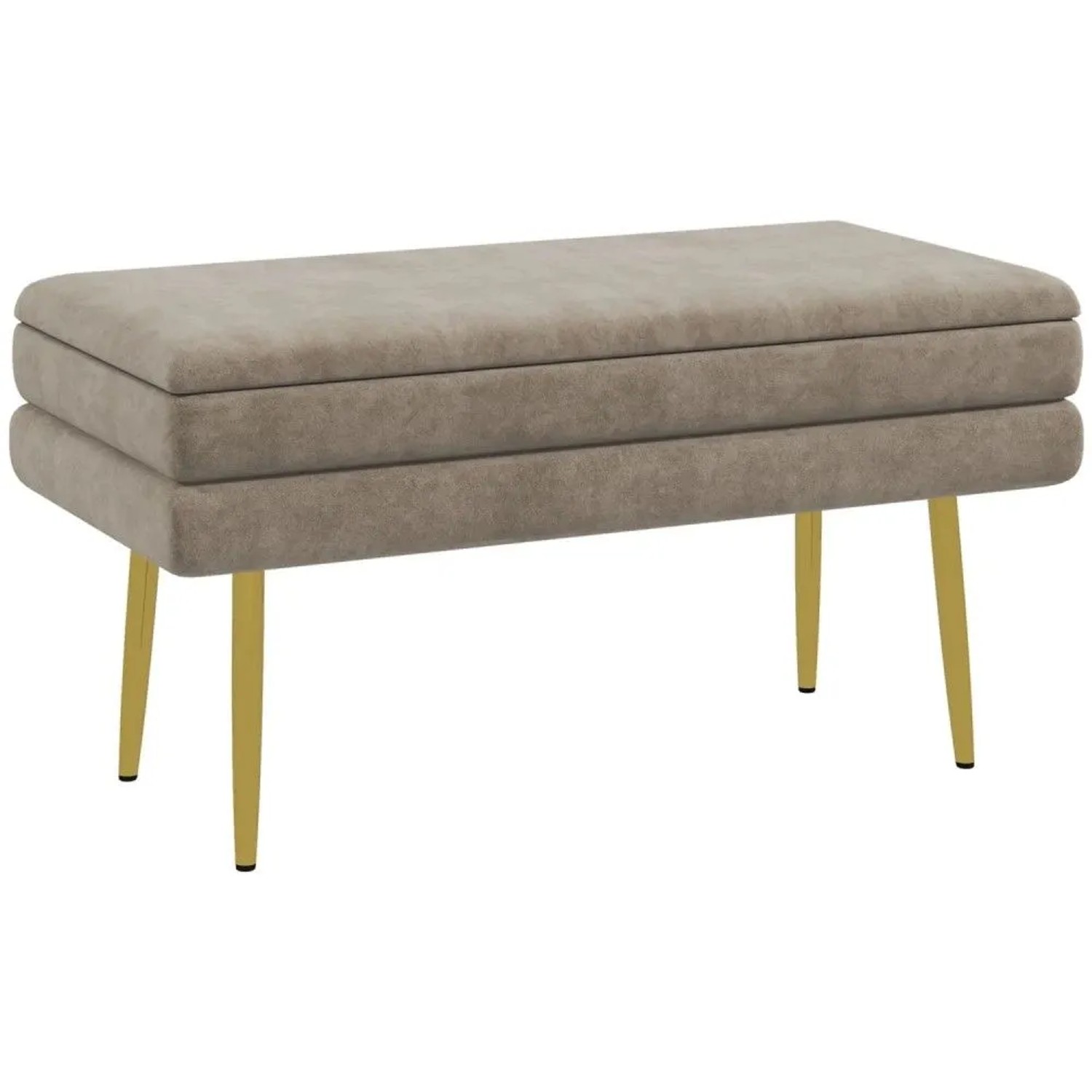 Beige Polsterbank mit Samtoptik und Stauraum, goldfarbene Beine, 79 cm breit. Ideal als Hocker oder Sitzbank.