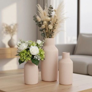 Relaxdays Vasen 3er Set Keramik Beige Gerillt 20 cm x ø 9 cm 18 cm x ø 7,5 cm 14,5 cm x ø 6,5 cm