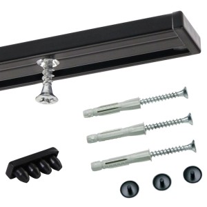 Schwarze 1-Lauf Gardinenschiene mit transparentem Gleiter und Befestigungsmaterial für Deckenmontage.