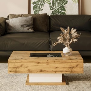 Rechteckiger okwish Couchtisch aus hellem Eichenholz mit Glasplatte, LED-Licht und weißem Sockel im Wohnzimmer.
