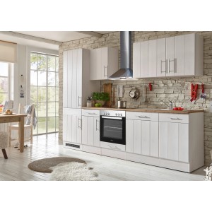 Respekta Landhausküche in Lärche Weiß mit Eiche Arbeitsplatte, inklusive E-Geräte.