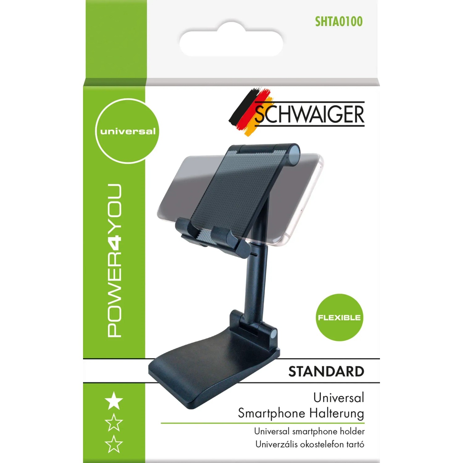 Flexible Smartphone Halterung Universal von Schwaiger, zusammenklappbar und verstellbar.