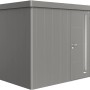 Biohort Gerätehaus Neo 2C in Quarzgrau-Metallic mit Standardtür. Modernes Gerätehaus für den Garten.