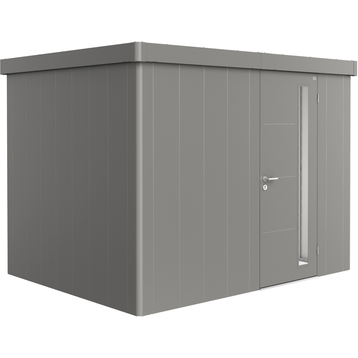Biohort Gerätehaus Neo 2C in Quarzgrau-Metallic mit Standardtür. Modernes Gerätehaus für den Garten.