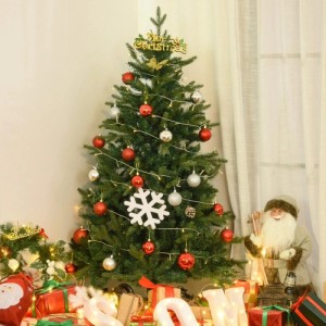 HOMCOM Weihnachtsbaum 1,5 m, grün, voll geschmückt mit roten/silbernen Kugeln, Lichterkette, festliche Dekoration.