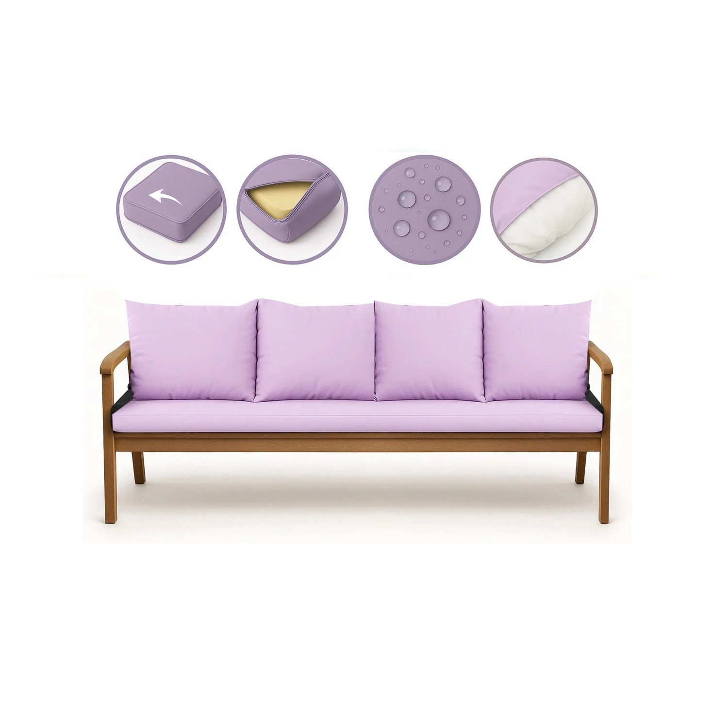 Lila Setgarden Bankkissen für 3-Sitzer Gartenbank, 180x50 cm + 4 Rückenkissen.