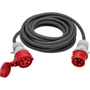 Schwarzes 5-poliges Gummi Verlängerungskabel mit rotem Stecker für Starkstrom.