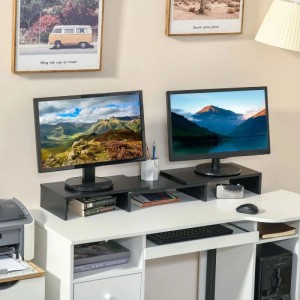 Schwarzer Vinsetto Monitorständer, verstellbar, für zwei Monitore auf weißem Schreibtisch mit Ablagefächern.