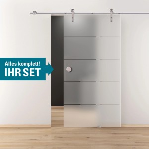 Novadoors Ferrera Glasschiebetür-Set: mattes Glas mit Streifen, Griffmuschel, offene Laufschiene in Edelstahloptik.