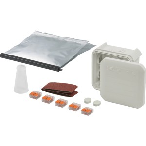 Cellpack Universal Box CG T40: Verbindungsdose mit Gießharz, Klemmen, Schleifpapier und Einfülltrichter.