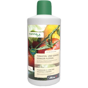 Flasche Manna Bio Tomaten- und Gemüsedünger flüssig, 1 Liter.
