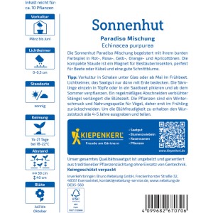 Kiepenkerl Sonnenhut Paradiso Mischung Saatgutpackung mit Infos zu Anzucht und Blütezeit.