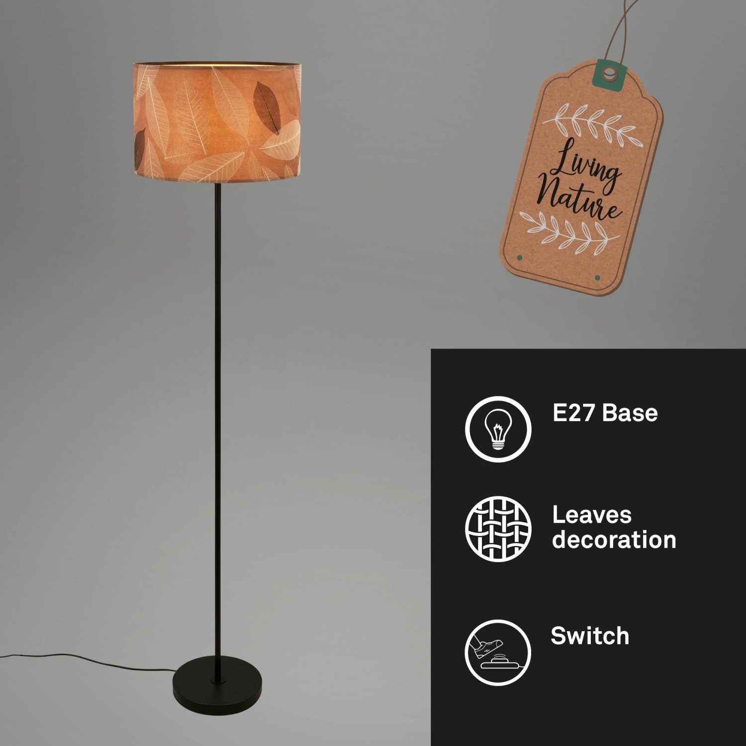 Briloner Stehleuchte Swing Nature mit Blätterdekor, Papierschirm und E27 Fassung in Kaffee.