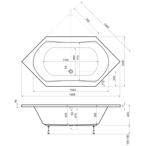 Skizze des Ottofond Whirlpool Corsica Exklusiv 200x100 cm, weiße Acrylwanne mit Maßen.