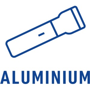 Symbolbild: Blaue Umrisse einer Aluminium Varta Taschenlampe.
