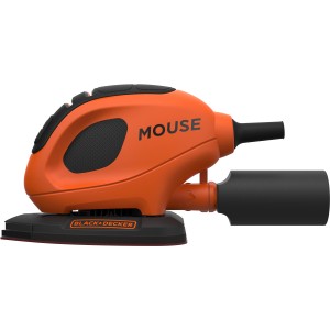 Black+Decker Dreieckschleifer BEW230 Mouse®: Kompakte Schleifmaschine in Orange und Schwarz mit Staubsaugeradapter.