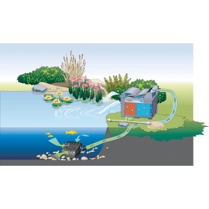 Oase AquaMax Eco Classic 17500 Filterpumpe im Einsatz im Gartenteich mit Bachlauf und Filter.