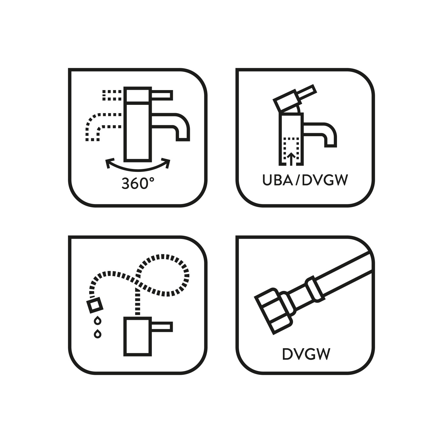 Piktogramme zur baliv Küchenarmatur KI-1100: 360° schwenkbar, flexibler Schlauch, UBA/DVGW-Zertifizierung.