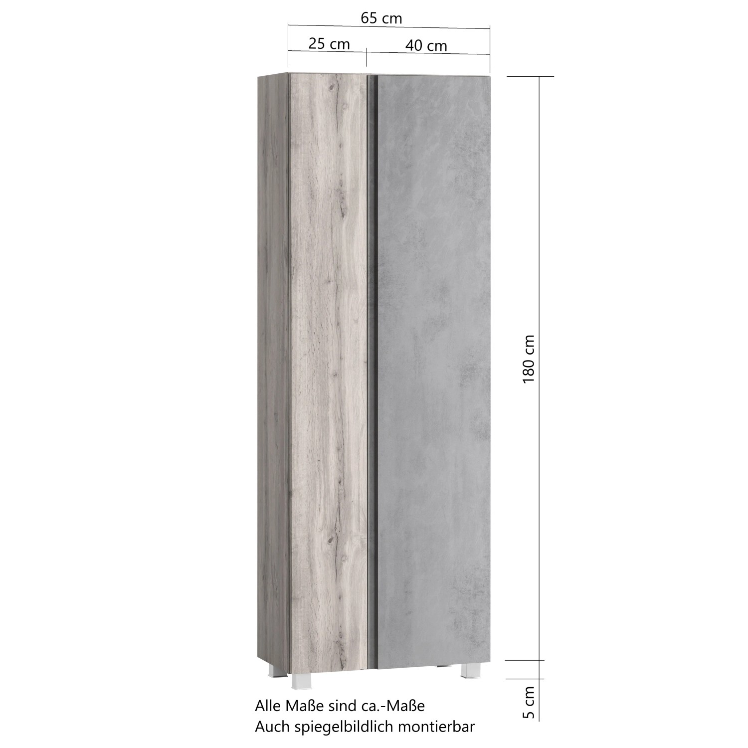 Held Möbel Seitenschrank Ancona, 65 cm breit, matt Weiß und Wotaneiche Dekor, Badmöbel.