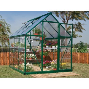 Grünes Palram Canopia Hybrid Gewächshaus 1.9x1.9 mit klaren Seitenwänden und Pflanzen.