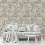 Michalsky Living Vliestapete Change mit Palmenmuster in Beige und Grau im Wohnraum.