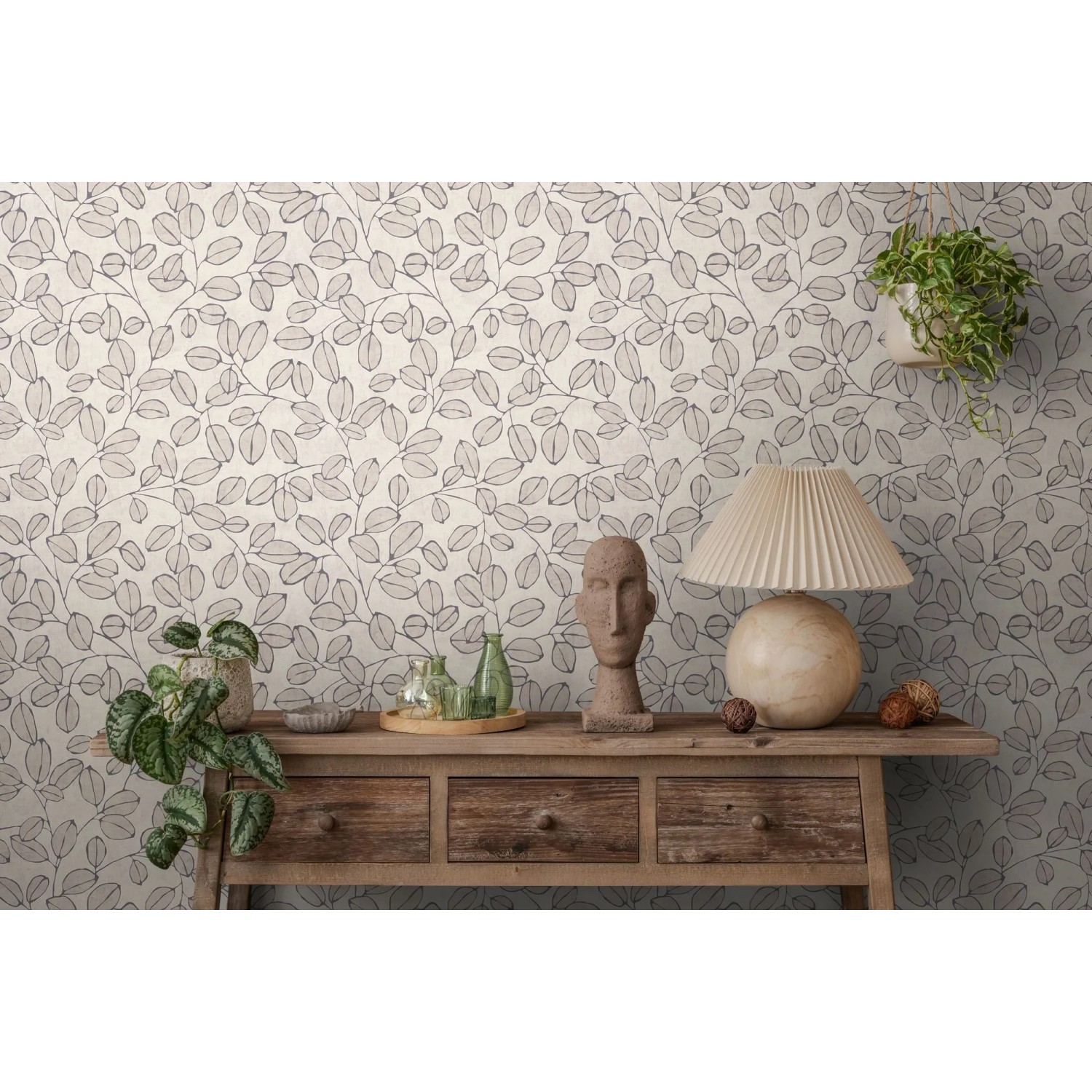 Vliestapete Blätter Grau Weiß. Skandinavisches Design mit floralem Muster für stilvolle Wandgestaltung.
