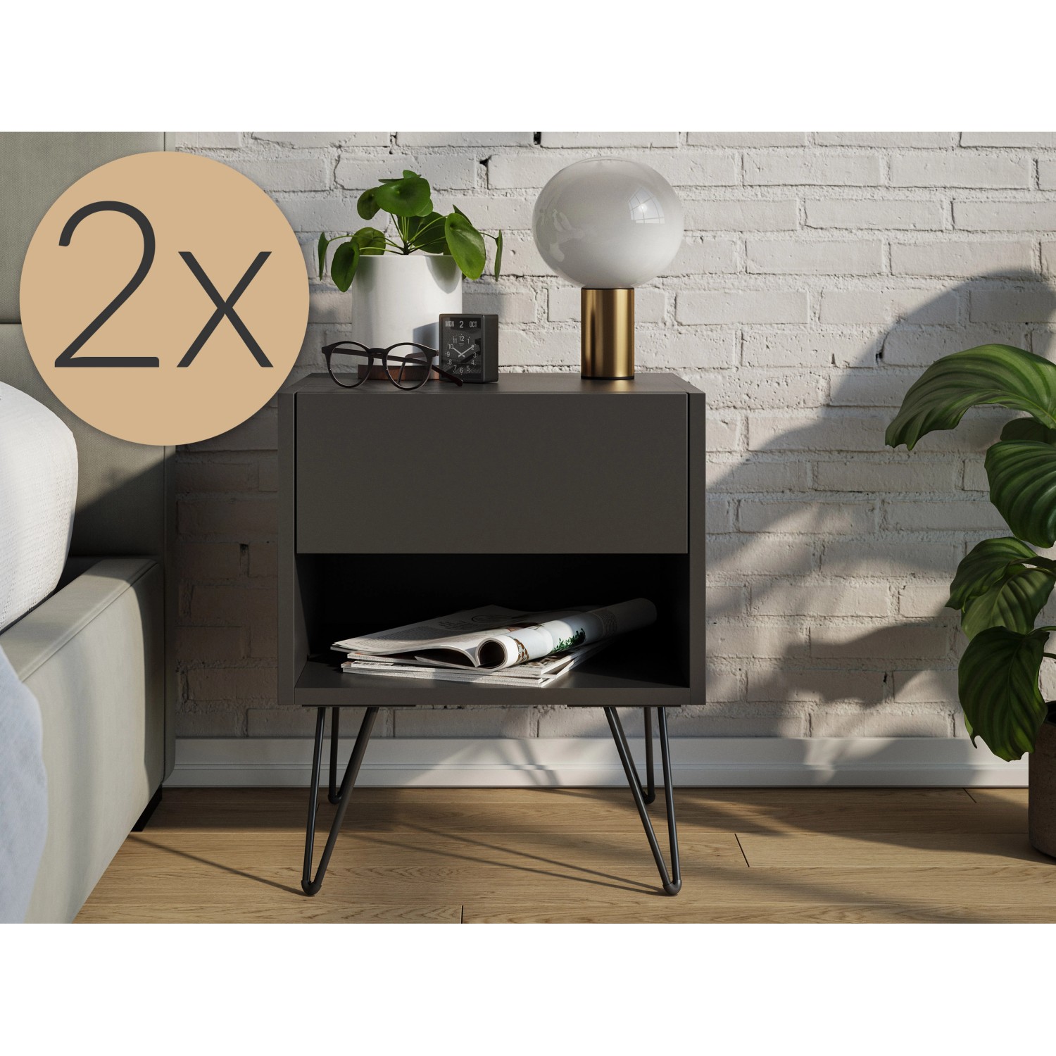 Posseik Nachttisch-Set Industrial B, 2-teilig in Grafit mit Metallfüßen.