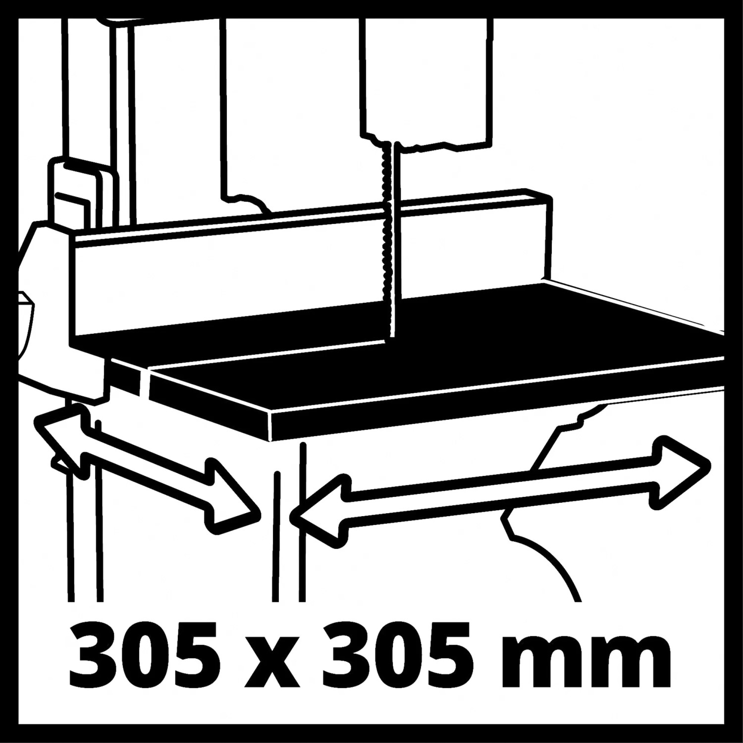 Detailaufnahme Einhell Bandsäge TC-SB 200/1: Sägetisch mit Maßangabe 305 x 305 mm.