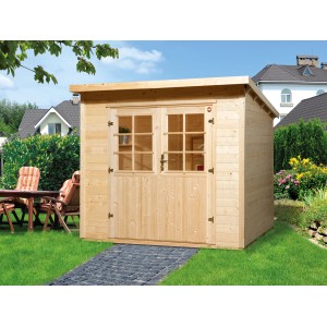 Weka Holz-Gartenhaus Taro B Natur, unbehandeltes Fichtenholz mit Doppeltür und Fensterausschnitten.