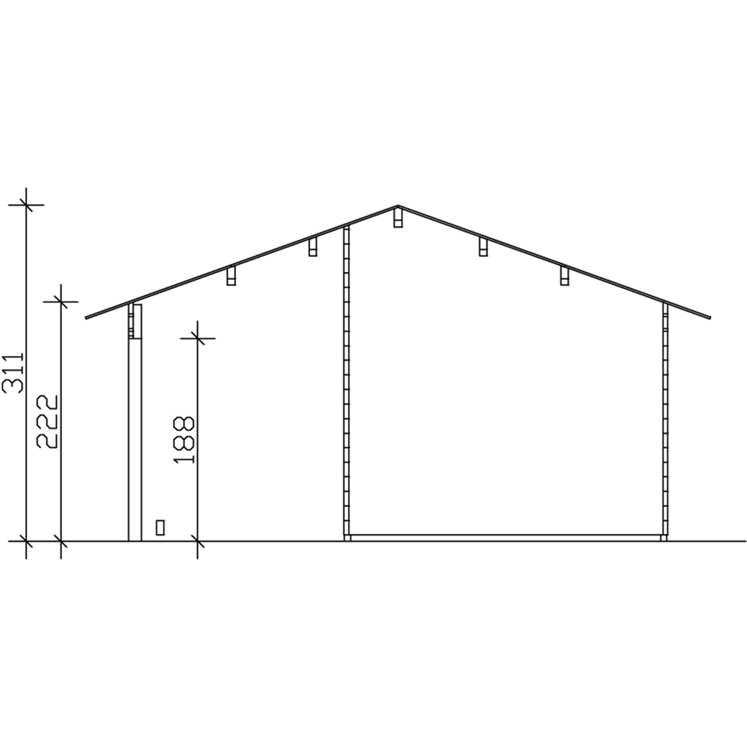 Technische Zeichnung Skan Holz Freizeithaus Luzern, Seitenansicht mit Maßen.