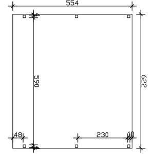 Skizze des Skan Holz Carport Grunewald 622x554 cm mit Maßangaben.
