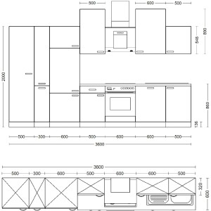 Skizze der Flex-Well Exclusiv Küchenzeile Valero, 360 cm, in Hochglanz Weiß und Sonoma Eiche, mit Maßen.
