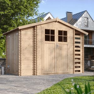 Timbela Holz-Gartenhaus M389F, beige-braun, 5,47 m², mit zwei seitlichen Lagerflächen.
