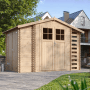 Timbela Holz-Gartenhaus M389F, beige-braun, 5,47 m², mit zwei seitlichen Lagerflächen.