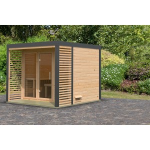 Karibu Saunahaus Seros 3, naturbelassen/anthrazit, aus nordischer Fichte mit Ofenschutzgitter und Unterkonstruktion.