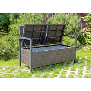 Geöffnete Park-Truhen-Gartenbank Ferrara, 2-Sitzer, Coffee, mit Stauraum unter der Sitzfläche.