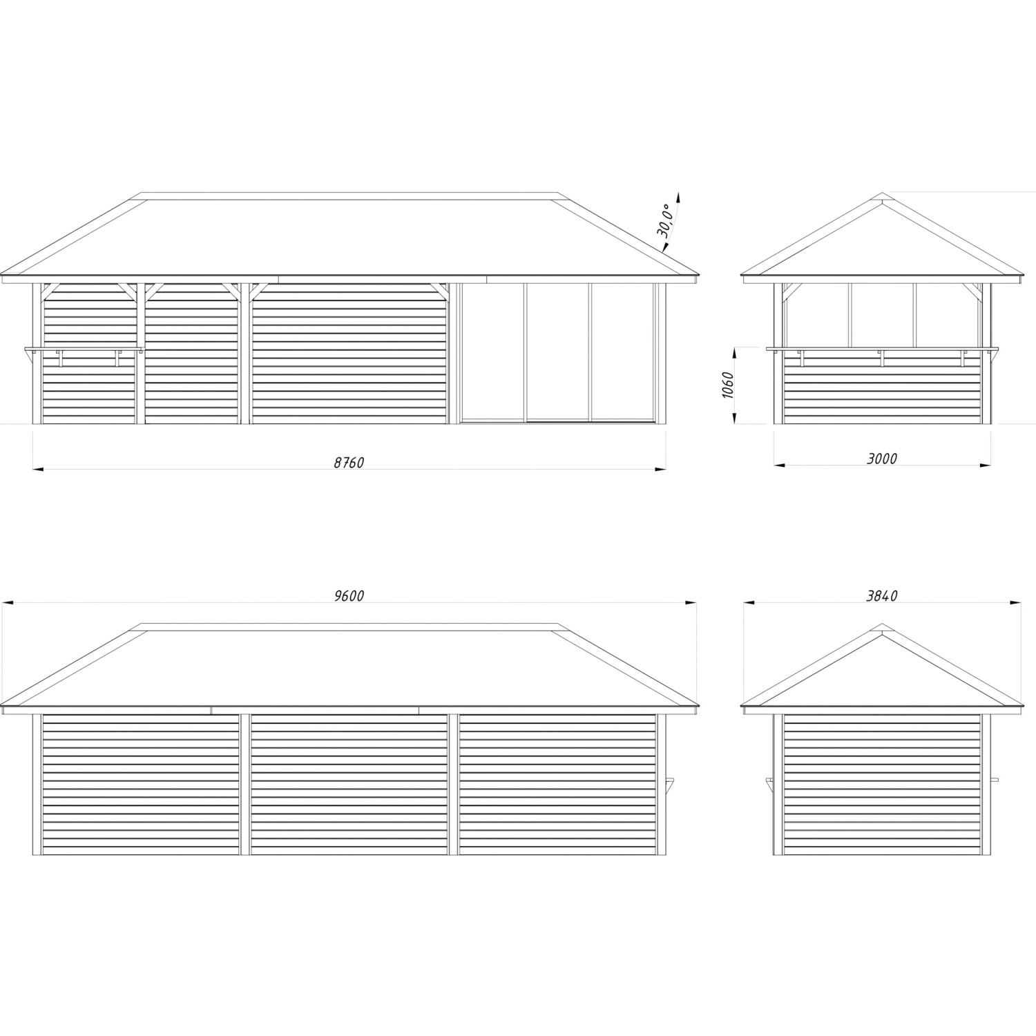 Technische Zeichnung: Palmako Pavillon Bianca Set215, 876x300cm, grau, mit Schiebetüren und Tresen.