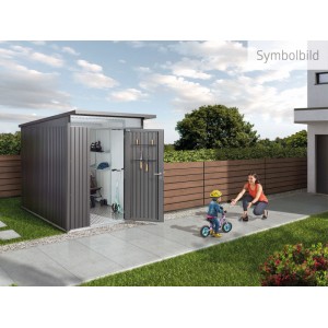 Dunkelgraues Biohort Metall-Gerätehaus AvantGarde mit offener Doppeltür, Regalen und Werkzeughaltern im Garten. Für Geräte.
