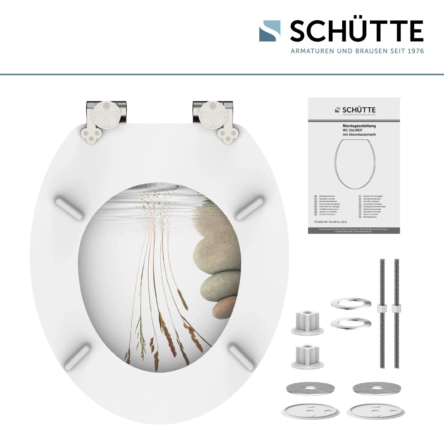 Schütte WC-Sitz Balance mit Holzkern und Absenkautomatik, Dekor mit Steinen und Gräsern.