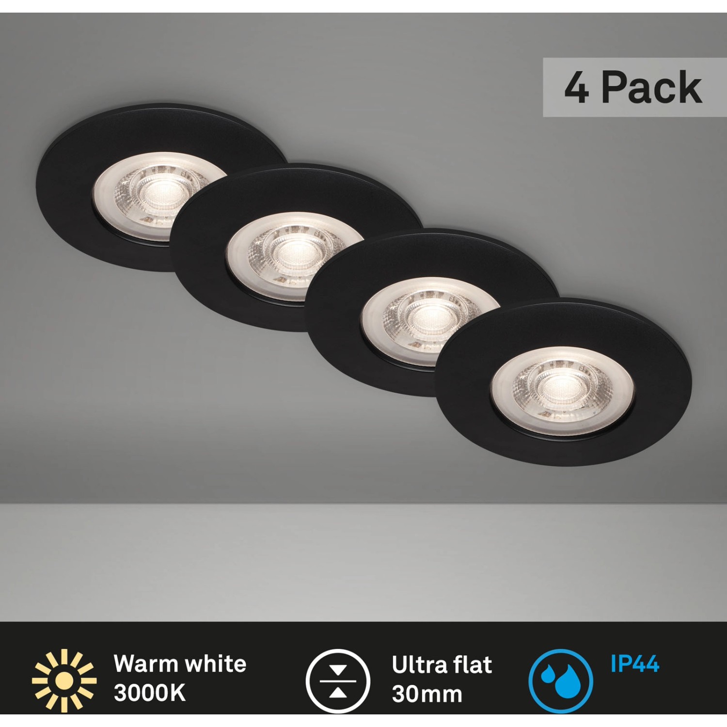 Vierer-Set Brilo LED-Einbauleuchten Kulana, schwarz matt, 4,9W, warmweißes Licht.