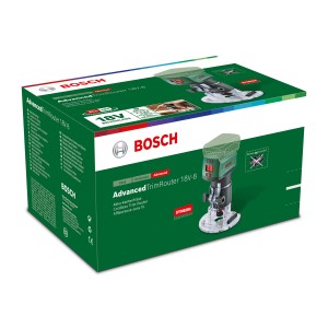 Verpackung der Bosch Akku-Oberfräse Advanced TrimRouter 18V-8 Solo. Akku-Fräse für Holzbearbeitung.