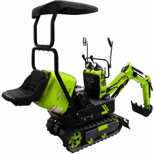 Grüner Zipper Minibagger ZI-MBG600S7 mit schwarzem Sitz, Dach und Gummiketten für Aushubarbeiten auf Baustellen.