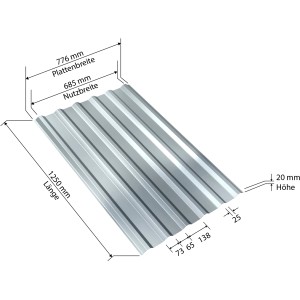 Weckman Stahltrapezblech, verzinkt, 1250x776 mm, Detailansicht mit Maßangaben.