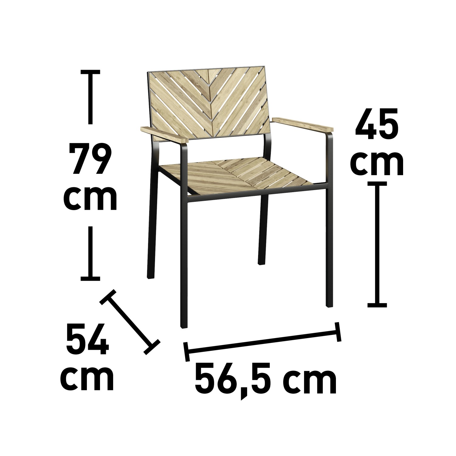 Gartensessel Ovando mit Armlehnen, Akazienholz, Stahlrahmen, Maße: 79x56,5x54 cm.