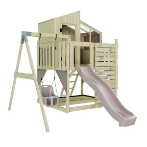PolarPlay Babyschaukel Lotta in Altrosa mit Spielturm, Rutsche und Kletterwand.