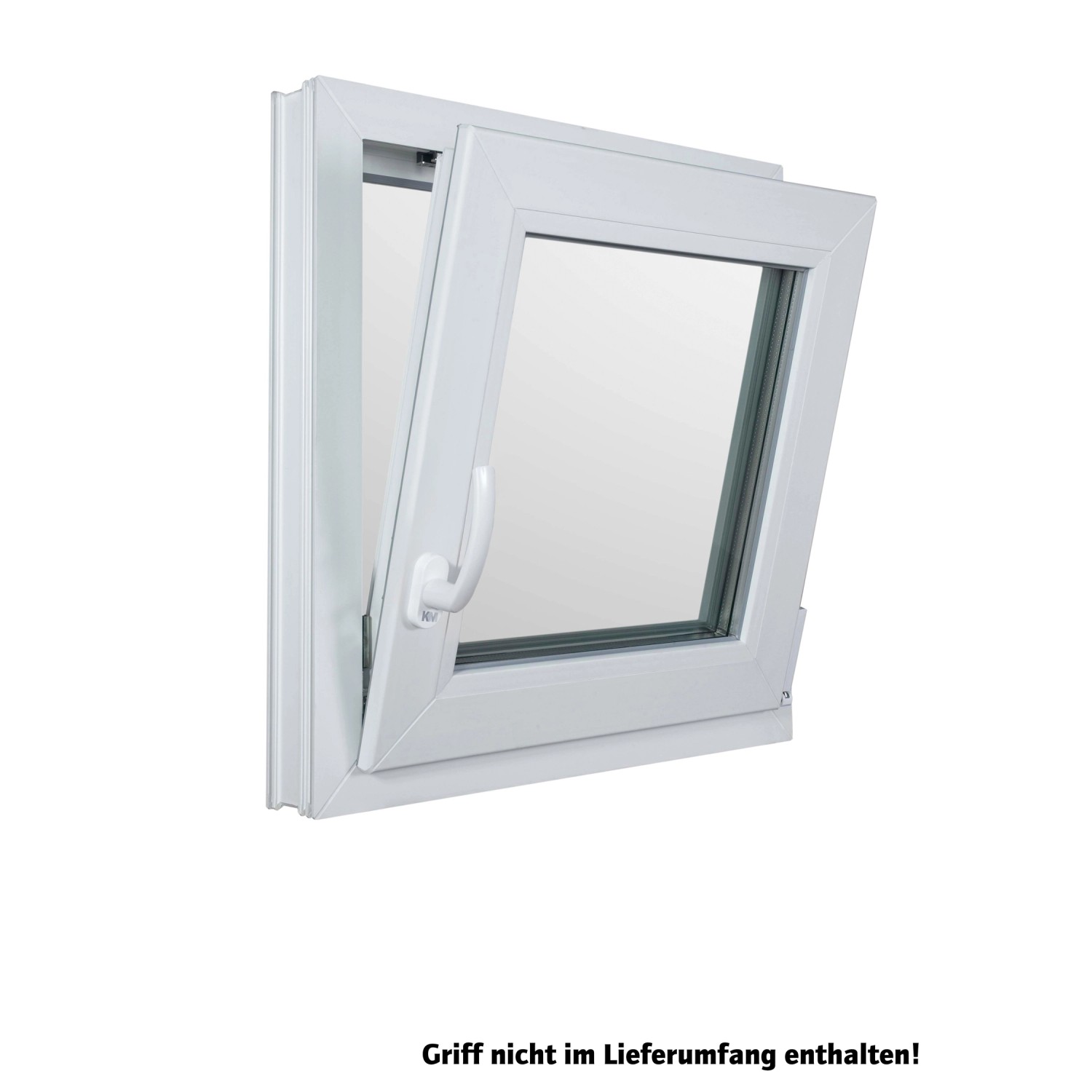 Weißes Kunststofffenster CL7, 100x50 cm, DIN rechts, geöffnet. Uw-Wert 0,90.